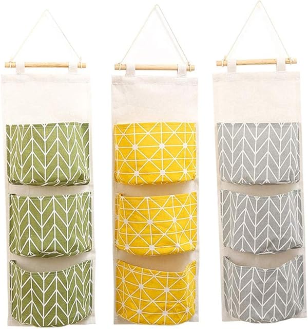 Gumiho Wall Hanging Storage Bag3PCS Waterproof Over Door Closet Organizer Box Linen Farbric Hanging Pocket Organizer Bag for Bedroom, Bathroom (Yellow + Green+Grey)