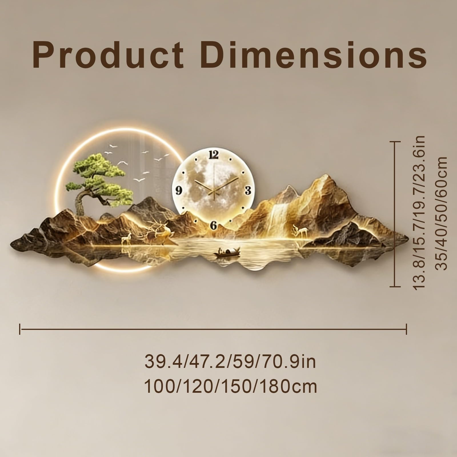 3D Led Orologio Decorazione Murale, Materiale In Porcellana Cristallina, Design Dell'illuminazione Senza Cornice, Kunstvolle Wandgestaltung, Adatto Al Soggiorno(Brown1,150x50cm/59x19.7'')