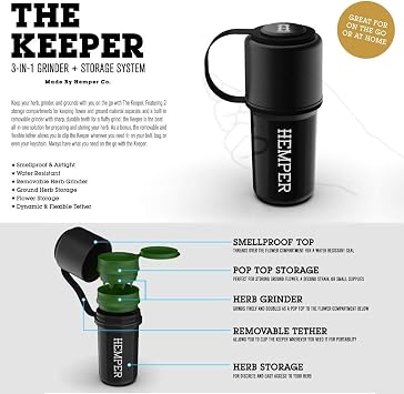 Hemper Keeper 3-in-1 Grinder & Storage Container Compact Organizer with Removable Grinder, Dual Compartments for Raw & Ground Materials, Travel-Friendly with Clip Attachment - (Black)