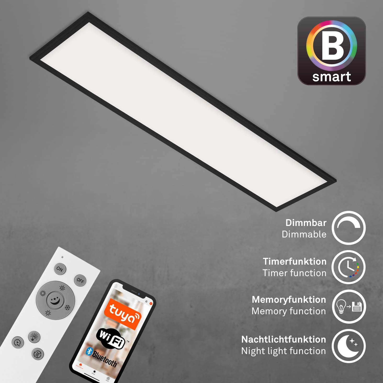 BRILONER - LED Deckenlampe flach Smart Home, funktioniert mit Alexa, einstellbar von warmweiß bis kaltweiß, Lampe, Deckenleuchte, LED Panel, Wohnzimmerlampe, 100x25x6,6 cm, Schwarz