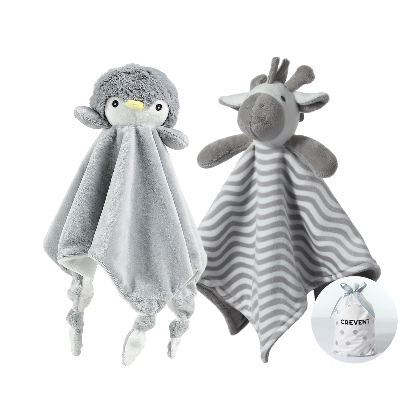 CREVENT Cozy Plush Baby Security Blanket, Loveys for Baby Girls and Boys, Birthday (Zebra + Penguin)