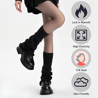 2 Pairs Long Knitted Leg Warmers 80s Y2K, Soft Stretchy Warm for Women Girls Ladies,Retro 8090s Punk Style Christmas Knee High Stockings Boots Cuff, UK Womens Leg Warmers