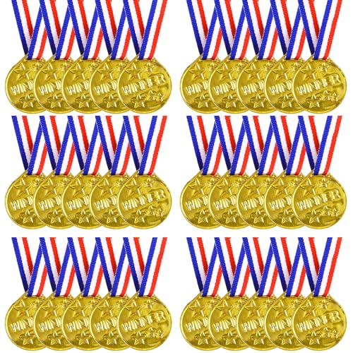 SULOLI 30 Pezzi Medaglie Premiazioni,Medaglie Oro Bambini con Nastro al Collo,Medaglia Premi in Plastica per Sport Scolastico,Festa Gioco Concorrenza