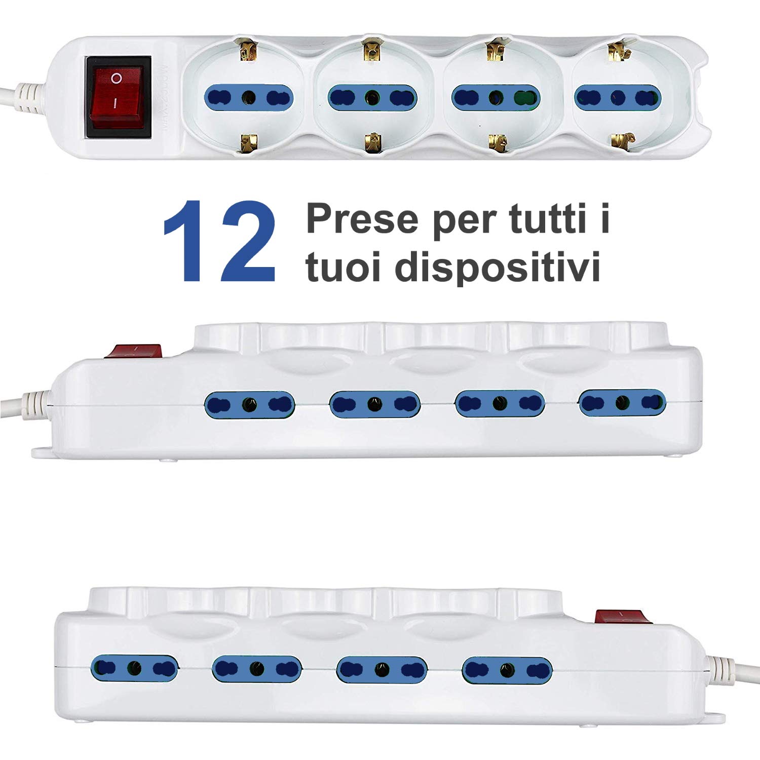 Ewent EW3929 Steckerleiste (italienisch), 12 Buchsen, 4 Universalbuchsen 10/16 A mit Schuko, 8 Kombistecker 10/16 A, beleuchteter Schalter, Kabel 1,5 m mit italienischem Stecker 16 A, Weiß