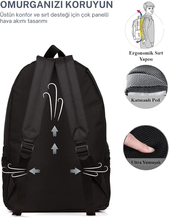 Av A Dos Unisex Black Backpack Waterproof Fabric Oversized School and Travel Backpack