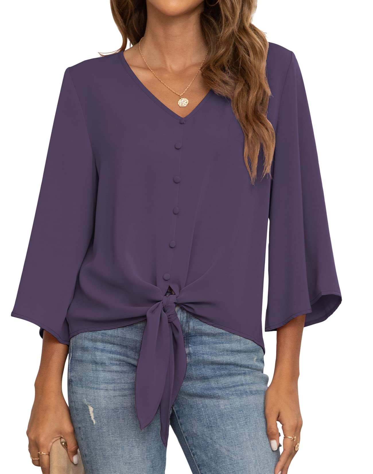 VIISHOW Women's Button V Neck Chiffon Tops 3/4 Bell Sleeve Tie Knot Casual Blouses Loose Summer Shirts