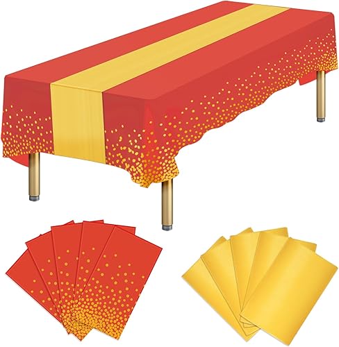 Paquete de 10 caminos de mesa desechables de satén, mantel de plástico rojo y camino de mesa dorado para Navidad, cumpleaños, graduación,