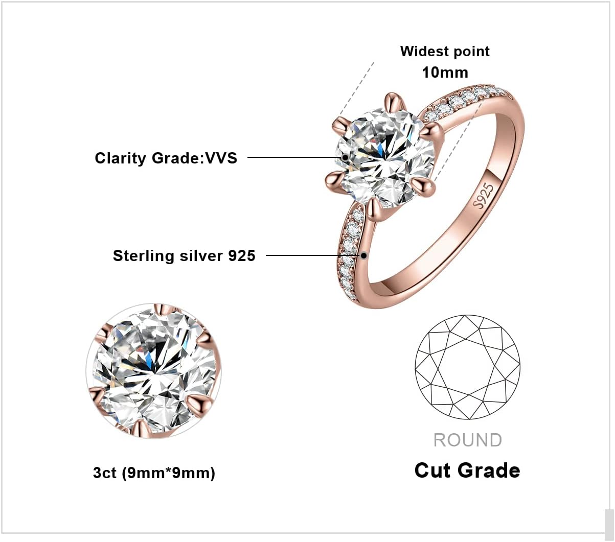 JewelryPalace Classic 1ct 2ct 3ct Cubic Zirconia Solitaire Engagement Rings for Women, 925 Sterling Silver Promise Ring for Her, Round Cut Simulated Diamond Anniversary Wedding Rings Size 4-12