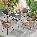 ECOTOUGE 5 Piece Patio Dining Set, Wicker Outdoor Furniture Set w/Glass Square Table, 4 PCS Chairs w/Waterproof Cushions for Backyard Garden Deck, Yellow/Black