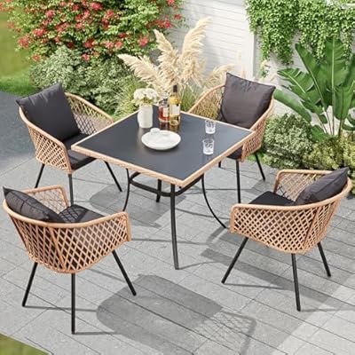ECOTOUGE 5 Piece Patio Dining Set, Wicker Outdoor Furniture Set w/Glass Square Table, 4 PCS Chairs w/Waterproof Cushions for Backyard Garden Deck, Yellow/Black