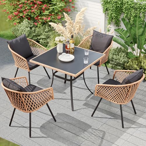 Black Wicker Outdoor Dining Set: Stylish Comfort for Your Patio Space 5 ECOTOUGE 5 Piece Patio Dining Set, Wicker Outdoor Furniture Set w/Glass Square Table, 4 PCS Chairs w/Waterproof Cushions for Backyard Garden Deck, Yellow/Black