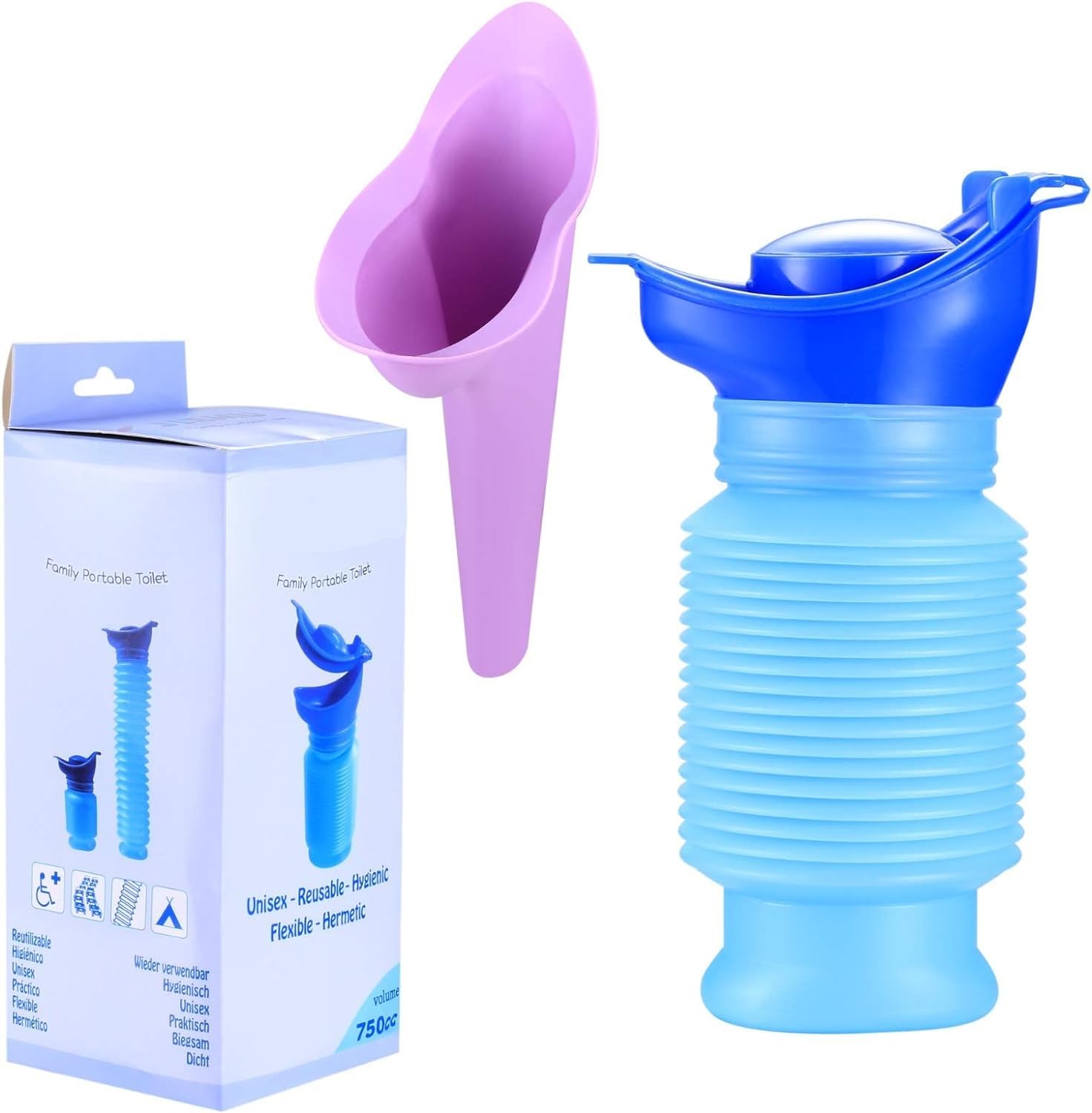 COOPU Adjustable Emergency Urinal 750ml, Portable Toilet for Car, Traffic. Suitable for Men, Women. Portable Travel Shrinkable Personal Mobile Toilet Potty Pee Bottle with Funnel (Blue)