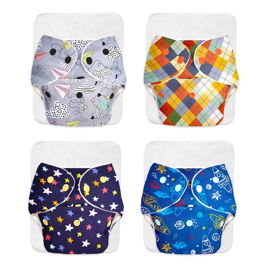 BASIC Pack of 4 Freesize Adjustable, Washable and Reusable Cloth Diaper for babies 0-3 Years | One Size Adjustable Diapers (Pack of 4 diapers+ 4 inserts) Assorted prints