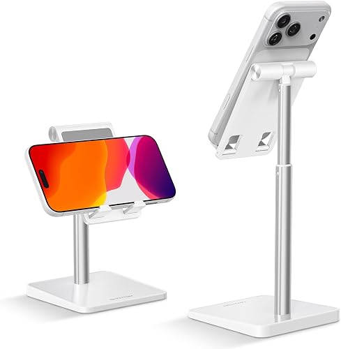 OMOTON Cell Phone Stand, Adjustable Angle Height Desk Phone Dock Holder for iPhone Air 17 Pro Max/Plus/XS/XR, Samsung Galaxy S20 / S10 / S9 / S8 and Other Phones (3.5-7.0-Inch),Silver