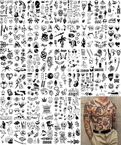 Impressed 48 Sheets Custom Unisex Vintage Patchwork Temporary Tattoos - Small Semi Permanent Minimalist Line Art Black Fake Tattoo For Women And Men - Tiny Adult Hand, Sleeve, Finger And Neck Tat For Teens - Gothic Aesthetics Design Ink Set, Skull, Skeleton, Moon And Sun, Devil, Butterfly, Snake #TOP1