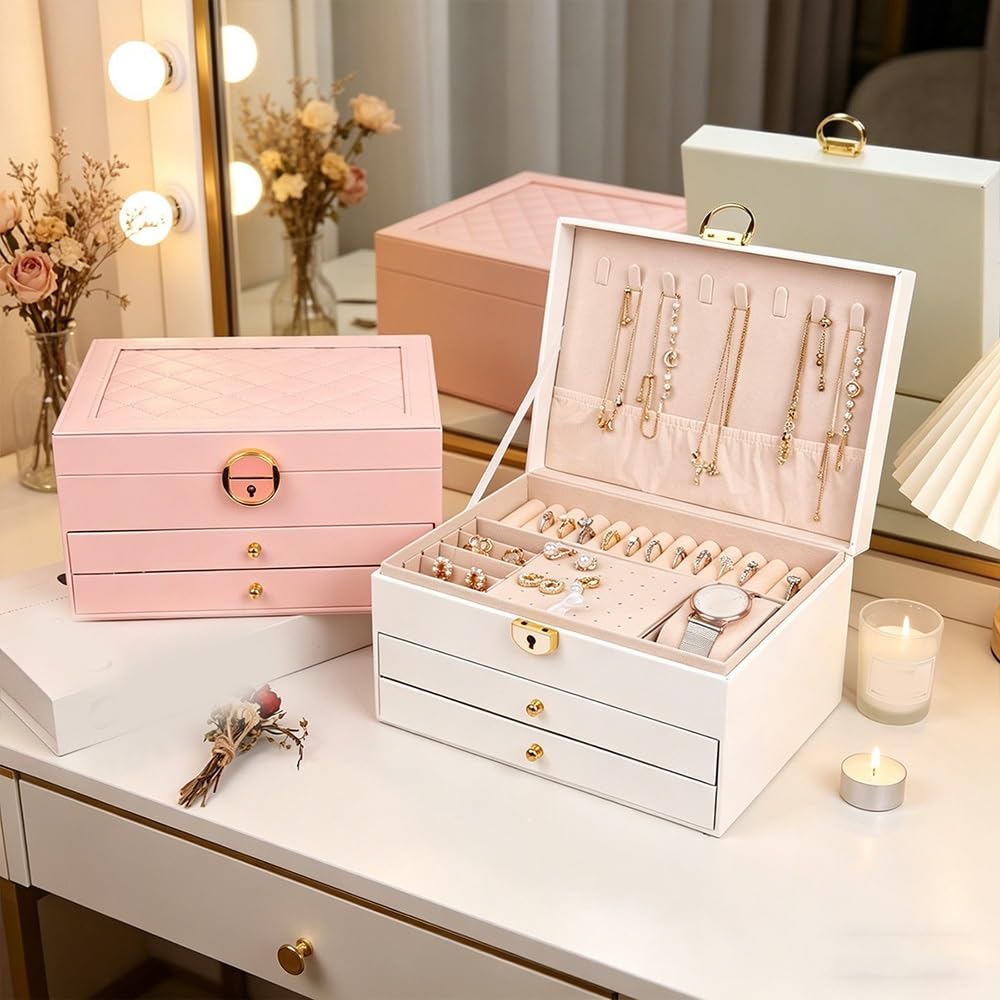 Wieże Biżuteryjne Pudełko na biżuterię ze skóry PU w ​​stylu vintage, organizer o dużej pojemności