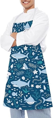 Miniatura 4 de Lindo delantal de cocina de tiburones para adultos ajustable babero suave delantal de chef con 2 bolsillos