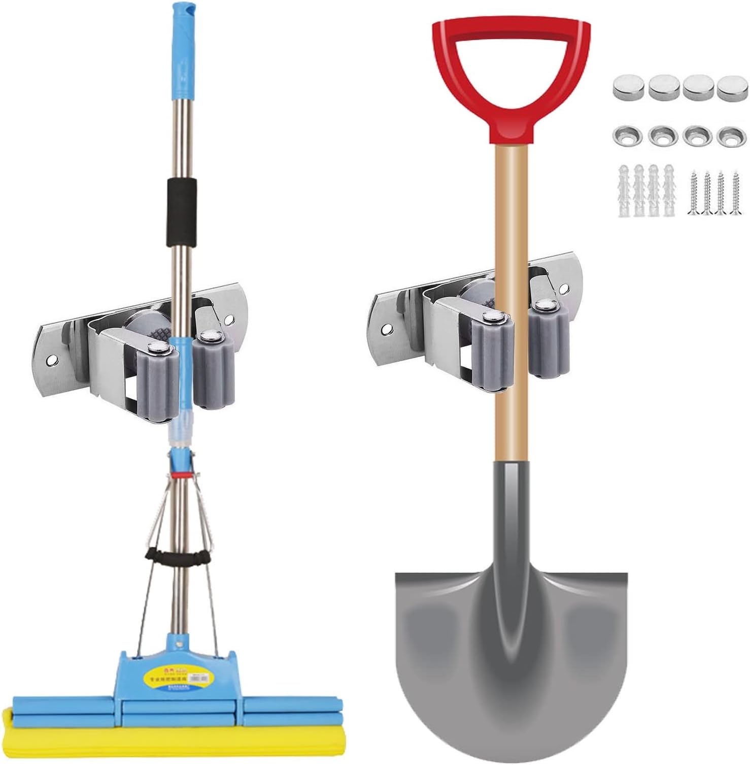 Mop Broom Holder Heavy Duty Wall Mounted, Beilala 2 Pack Stainless Steel Self Adhesive Tools Storage Organizers for Utility Room, Kitchen, Bathroom, Garage, Laundry, Garden and Office