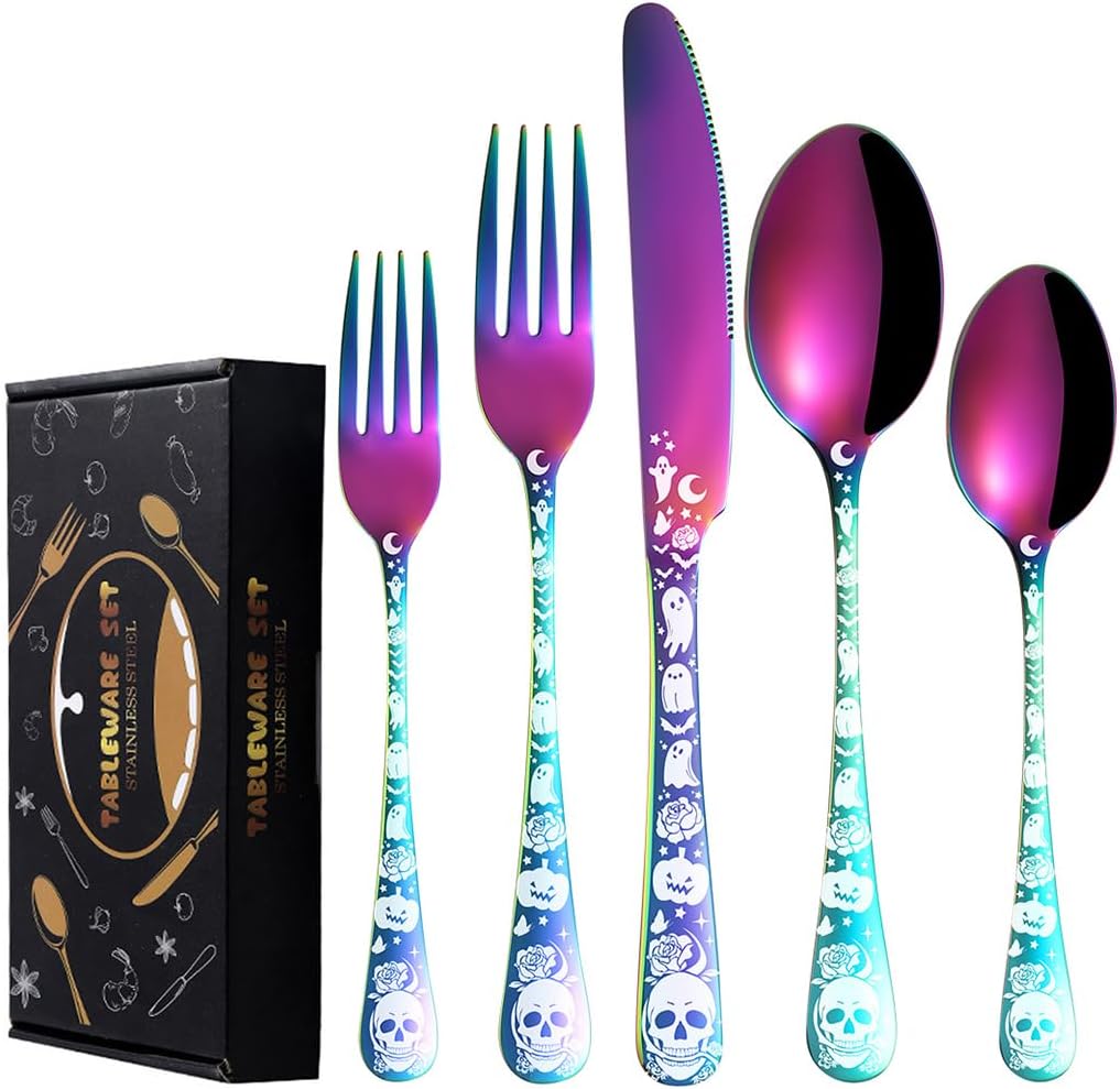 XIAOYU 40 Piece Halloween Gothic Skull Pattern Silverware Set, Stainless Steel Flatware Set for 8, Tableware Cutlery Set with Unique Skull Design, Perfect for Halloween Easter and Christmas, Rainbow