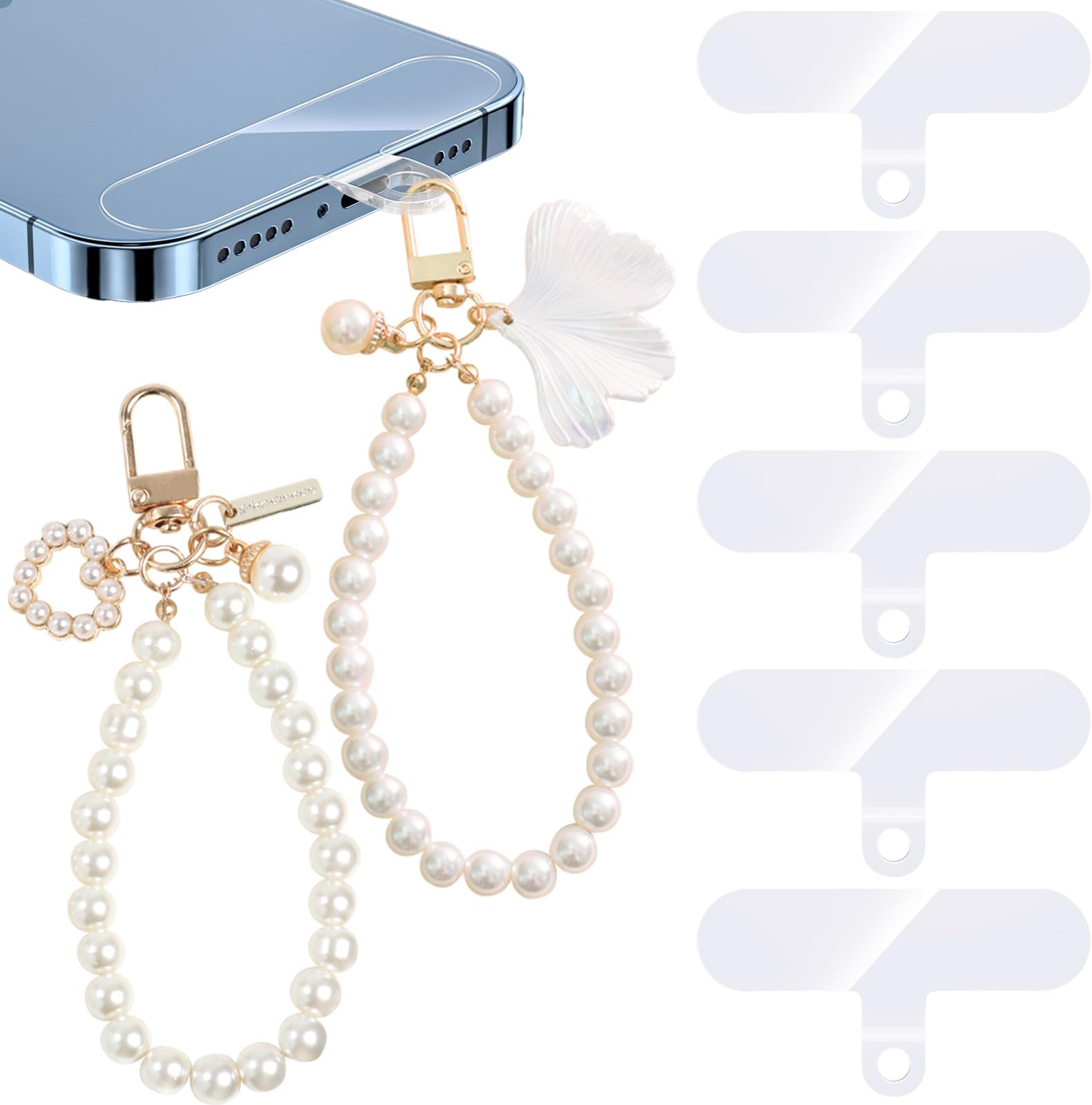 DKDDSSS 2PCS Phone Charm, Beaded Phone Lanyard Cell Phone Strap Phone Wrist Strap Lanyard Handmade Phone Charms Bracelet Chain Pearl Mobile Phone Lanyard for Girls Women, White