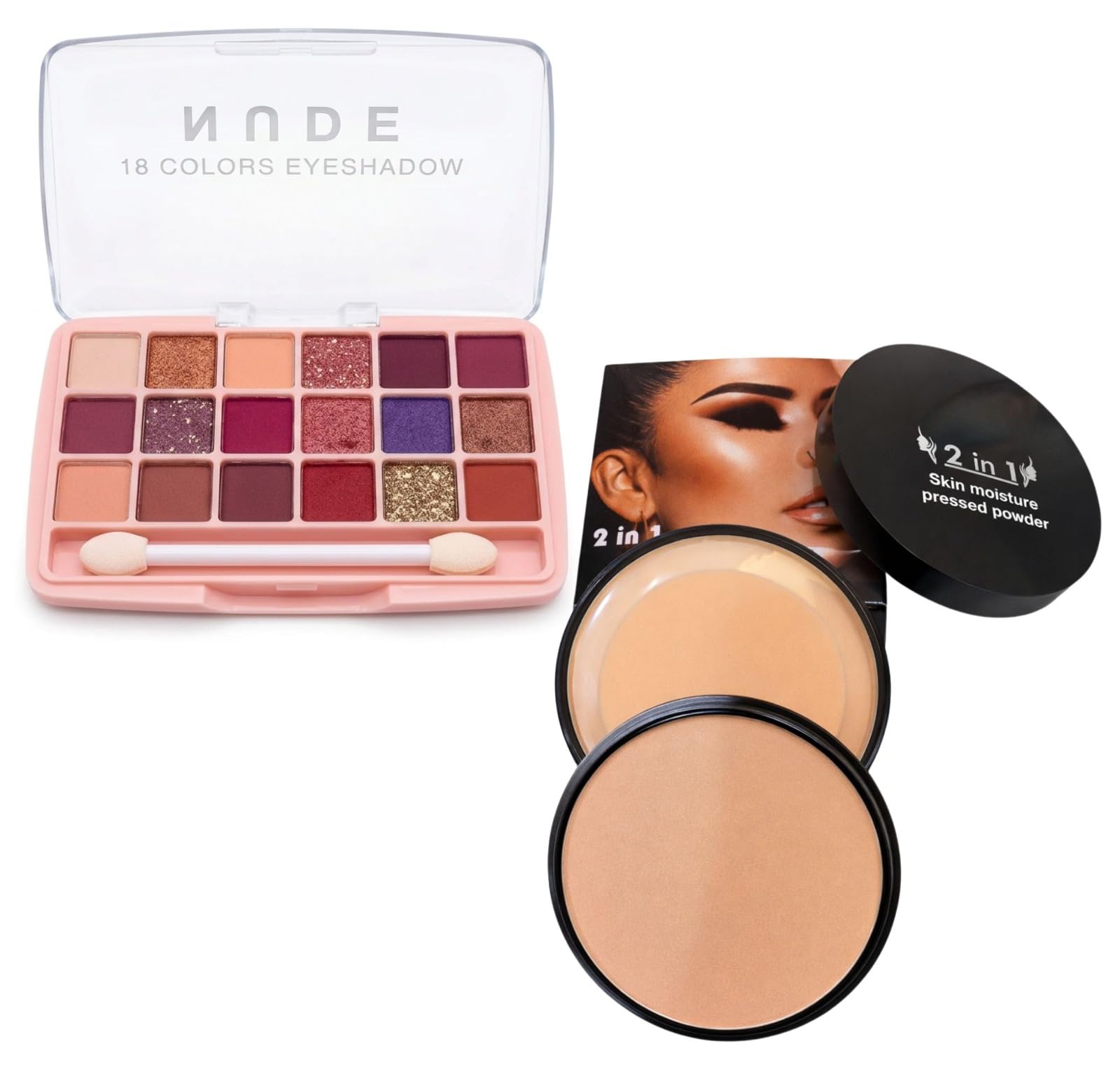 2-Piece Beauty Set – 18-Color Nude Eyeshadow Palette with Applicator & 2-in-1 Dual-Layer Moisture Pressed Powder Compact – Long-Wear Matte Finish & High-Pigment Eye Artistry Kit-image-4