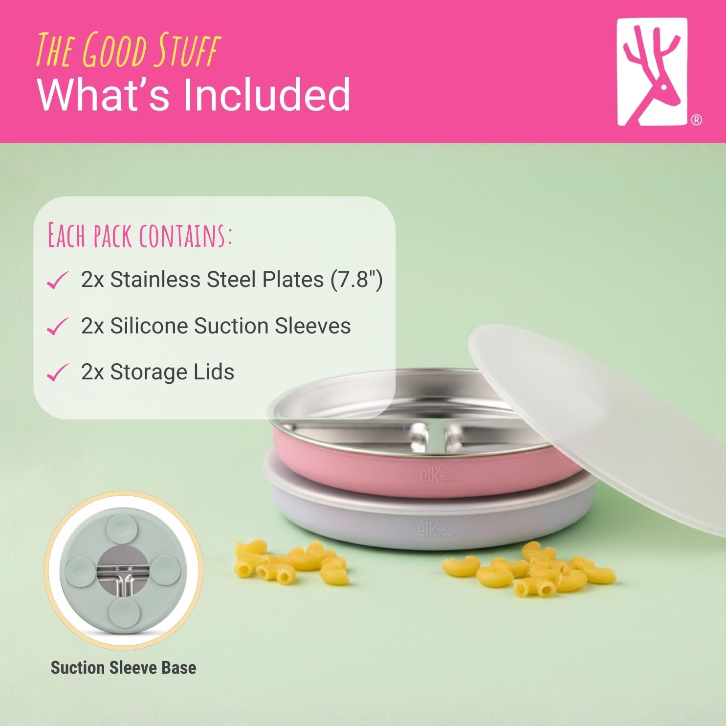 Elk and Friends Piatti divisi in acciaio inox con custodia in silicone per neonati e bambini, coperchi inclusi, ventosa, piatti per cena e snack, confezione da 2