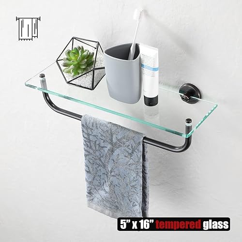 Miniatura 4 de JQK Estantería de baño de vidrio bronce, estante con toallero de 15 pulgadas de vidrio templado, almacenamiento para ducha de 16 por 5 pulgadas,