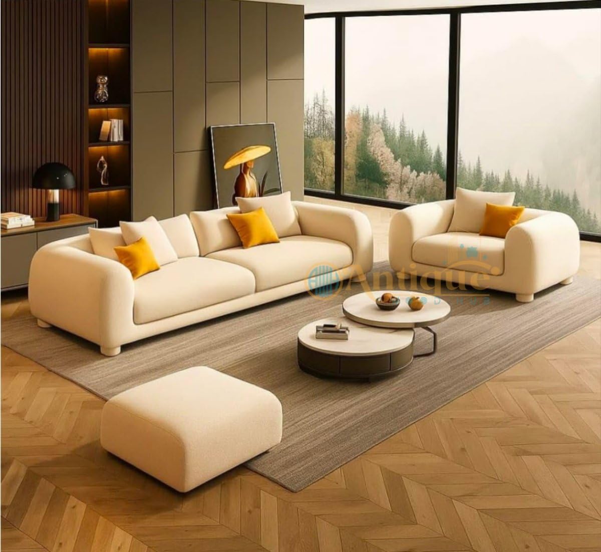 Antique Wood Hub - Modern Premium Velvet Fabric Living Room Furniture Set – 3-Seater Sofa + Single Seater Armchair + Ottoman – Contemporary Beige Upholstery with Wooden Accents (Beige)-image-19