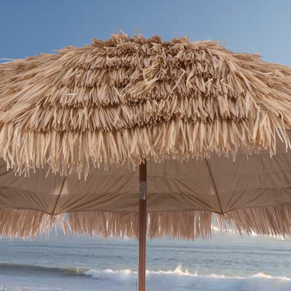 Hula Thatched Tiki Umbrella 5/6.5/8FT Hawaiian Beach Parasol with Tilt 8 Ribs Outdoor Tiki Umbrella for Pool Backyard(240cm/7.8ft)