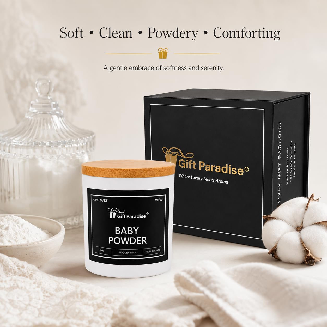 Gift Paradise® Candela di soia in polvere per bambini, 7 once, profumo di | Stoppino di legno, coperchio di bambù, scatola regalo magnetica, profumo polveroso pulito morbido