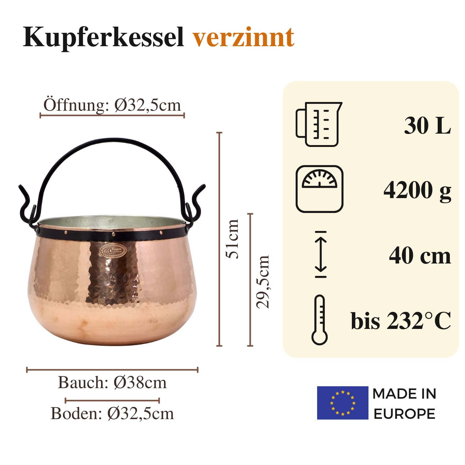 Chaudron en cuivre 30 L, étamé - 'CopperGarden®'