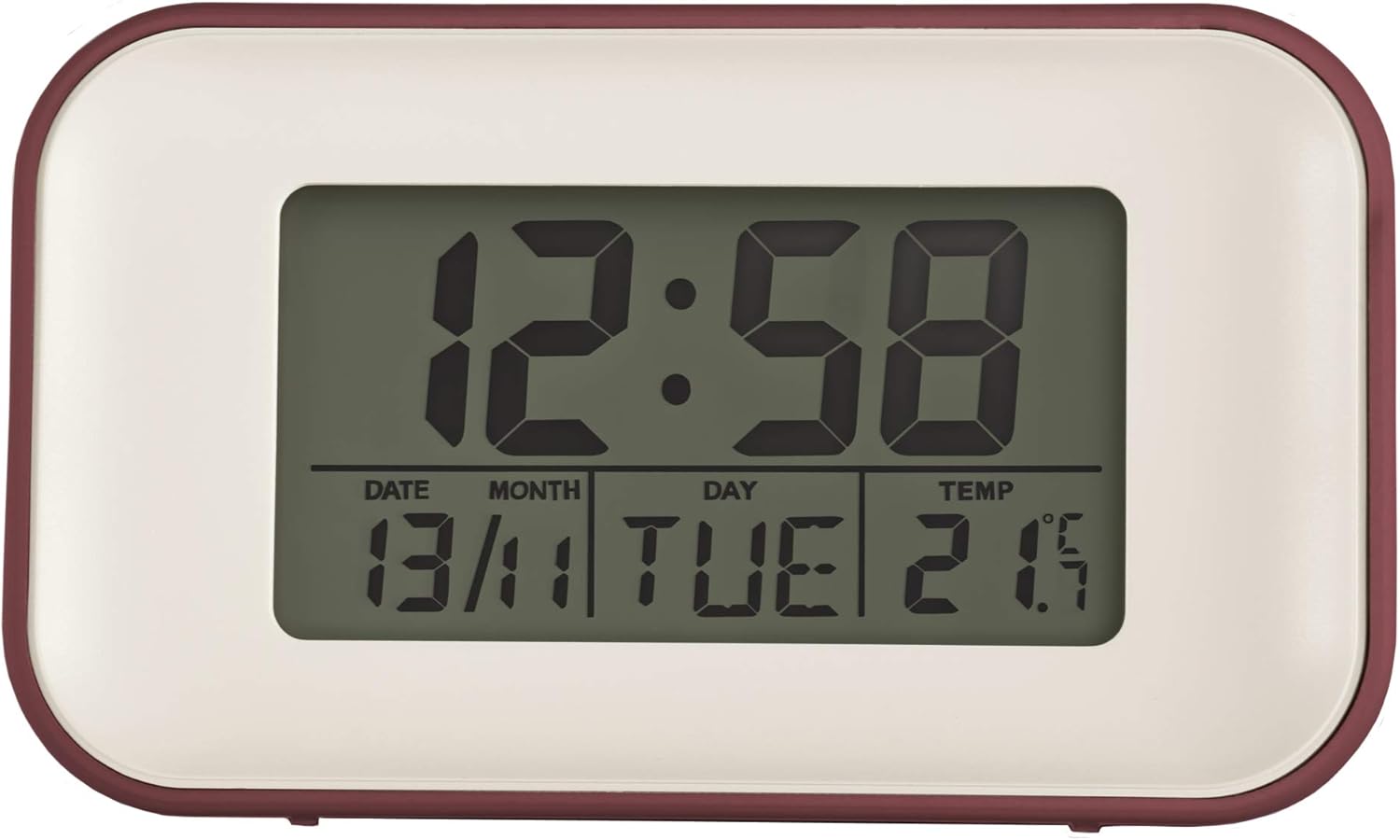 Devan view of the Acctim Digital Alarm Clock with a darker display, showing 12:58 PM, date 13/11, day TUE, and temperature 21.5°C.