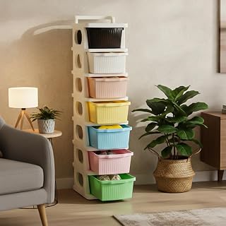 KITCHIVO Heavy Duty Plastic Storage Drawer with Wheels Modular Cabinet for Bedroom, Office, Home or Classroom Chest of Drawers Organiser for Cosmetics, Kitchen items, Toys (Multi, 7)