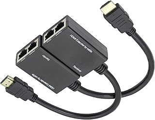 SHANFEILU HDMI Extender to RJ45 Over CAT 5e/6 Network LAN Ethernet Cable Adapter Signal Repeater 98ft 1080P HDMI Male to RJ45 Adapter 30M Sender+Receiver,2 Ports