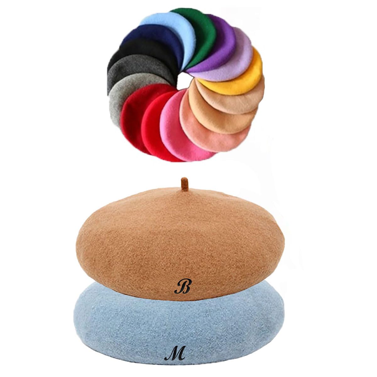 Van Der Linn Unisex Lavender Personalised Embroidered Initials Plain Beret Wool Warm French Hat (Wool, )