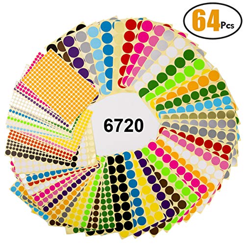 Witasm Gommettes Autocollantes Rondes 6720pcs Étiquette Ronde Autocollante 64 Feuilles avec 16 Couleurs 8mm / 16mm / 25mm / 32mm Round Autocollant Stickers Enfants Creatifs