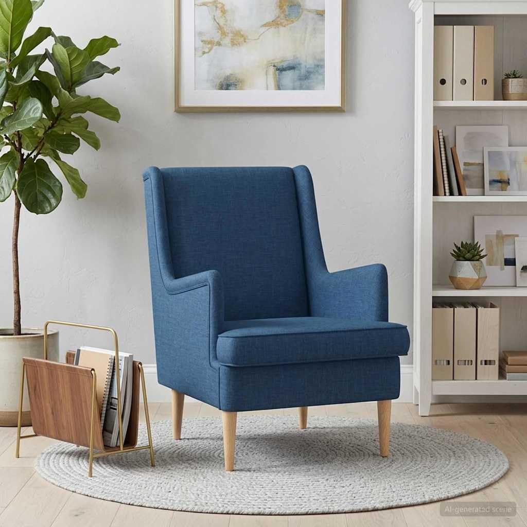 Sillón moderno de tela azul con marco de madera y metal, diseño ergonómico, giratorio y ajustable, ideal para salón, dormitorio u oficina, relajante y elegante