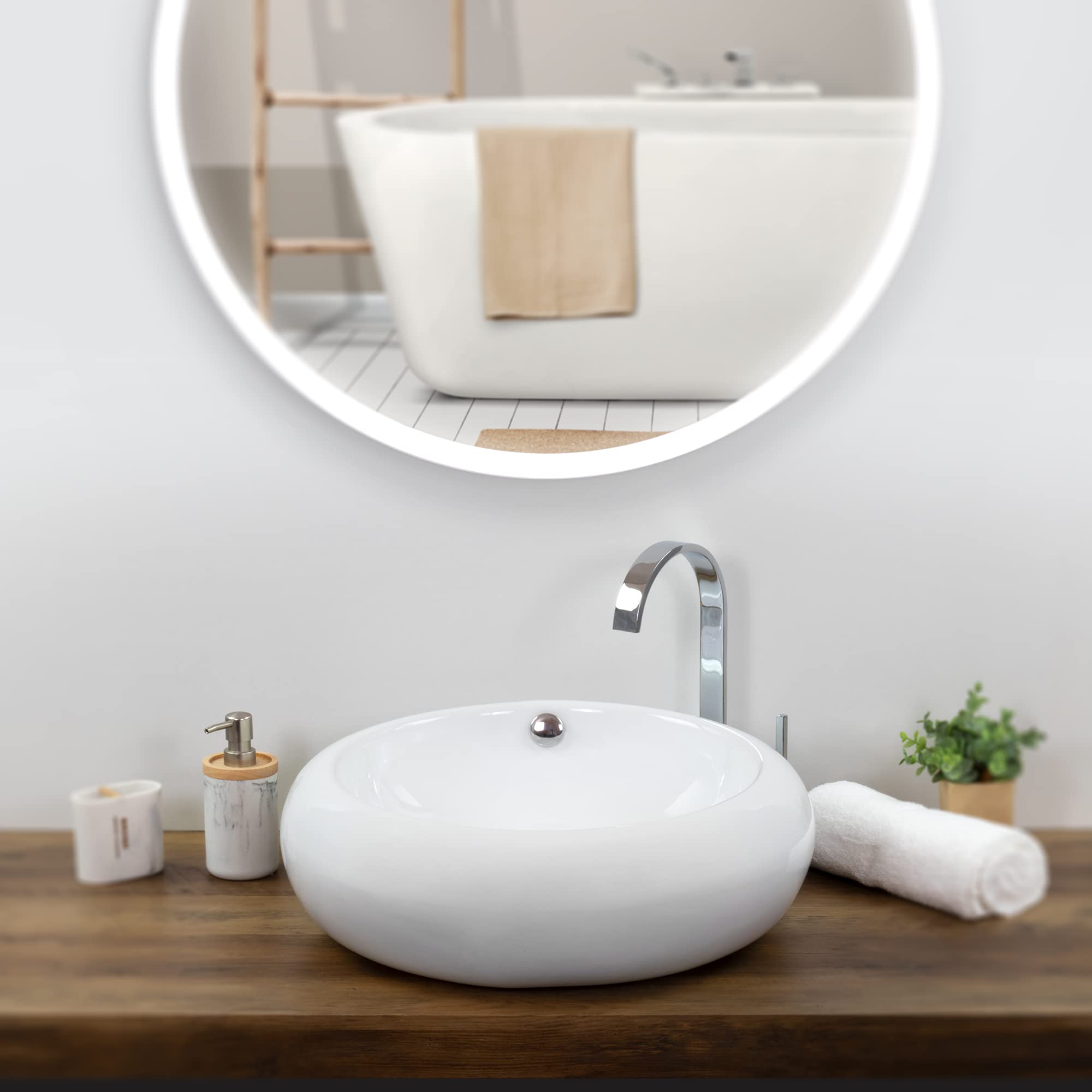 Lavabo sobre Encimera Redondo en Ceramica Brillante TENA | 50x50x16,5 cm | Incluye Tapon "Pop Up" con Valvula de Desague Click Clack | Sin Taladro Grifo | Color Blanco