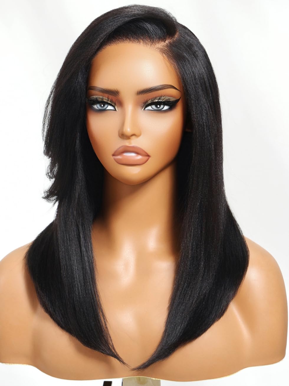 UNICE Yaki Straight Human Hair Drawstring Wig with Side Bangs Bye Bye Knots 7X5 Lace Front Glueless Wigs Human Hair Pre Plucked Pre Cut Natural Looking 150% Density 14 inch