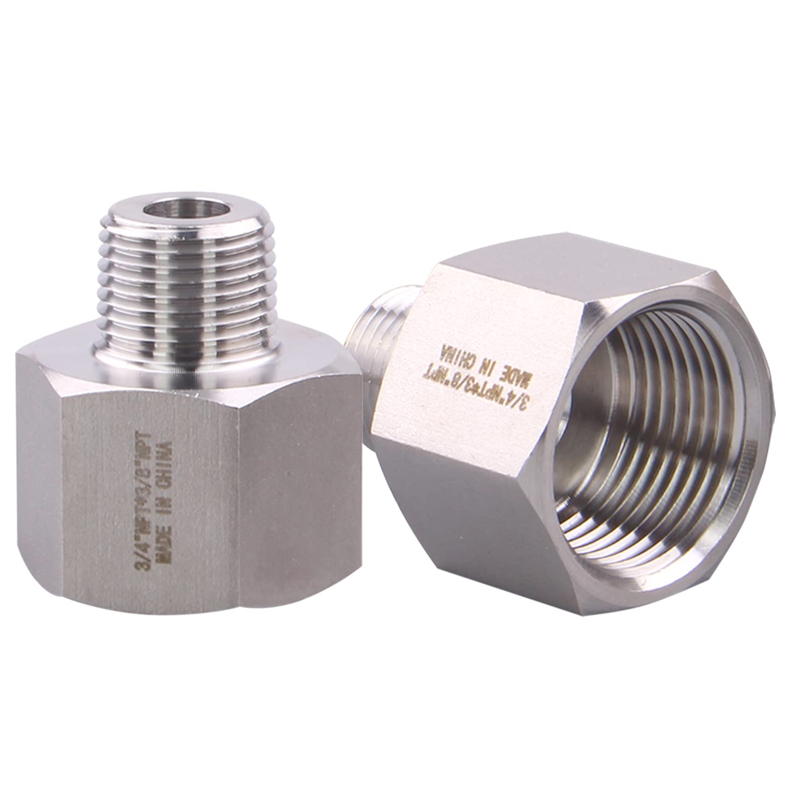 DERPIPE Forged Reducer Adapter Fitting - Stainless Steel 304 Reducing Pipe Connector, 3/4" NPT Female x 3/8" NPT Male (pack of 2)