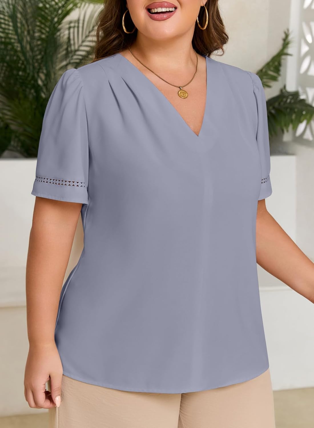 Eytino Plus Size Tops for Women Dressy Casual Pleated V Neck Short Sleeve Business Work Office Blouses Shirts(1X-5X) - Image 6