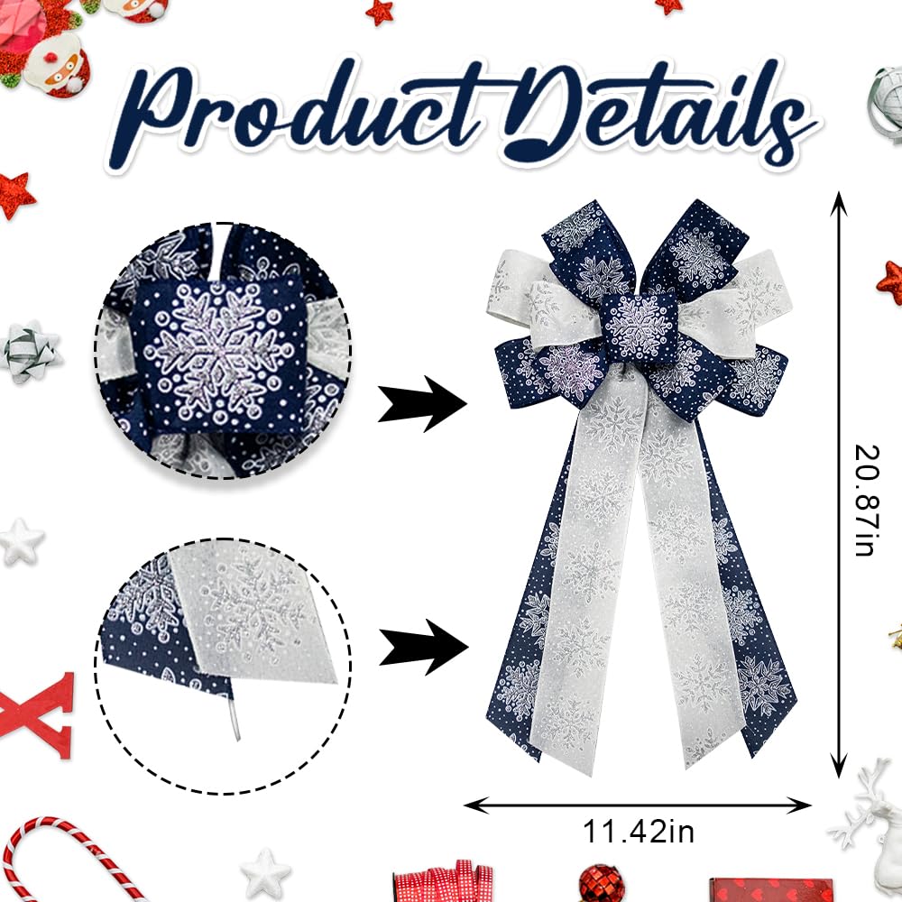 2PCS Christmas Wreath Bows Christmas Decor Bows Navy Blue Snowflake Ribbon Bows for Wreath, Christmas Tree Topper Bows for Christmas Party Decoration Home Indoor Outdoor Xmas Wreath Ornament Supplies