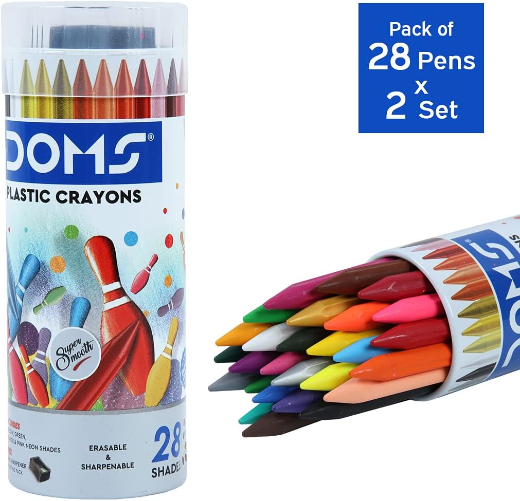Doms 28 Shades Erasable Plastic Crayons Round Tin Box | Smooth & Even Shading | Bright & Playful Colors | Free Sharpner Inside | Non-Toxic & Safe For Childrens | Pack of 2