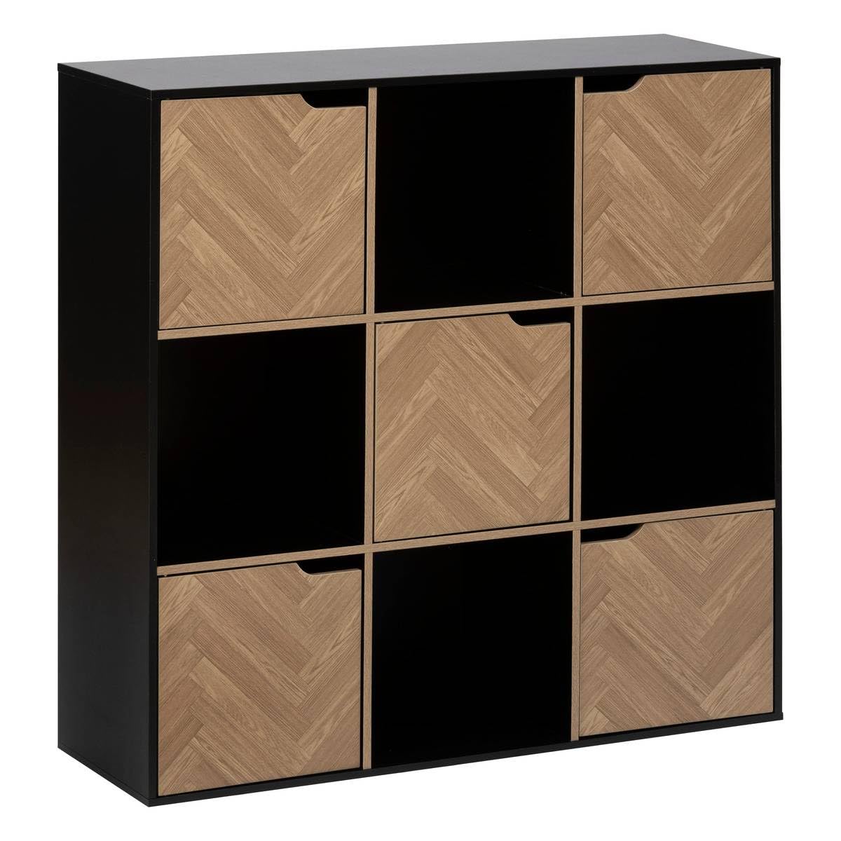 5five - Estantería Chevron de 9 compartimentos y 5 puertas - Efecto madera y negro - Forma cúbica - Almacenamiento práctico y útil - Sala de estar, oficina, dormitorio