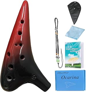 12 Hole Ocarina Music Instrument With Song Book for Beginner,Alto C Ceramic Ocarina(Black & Red)
