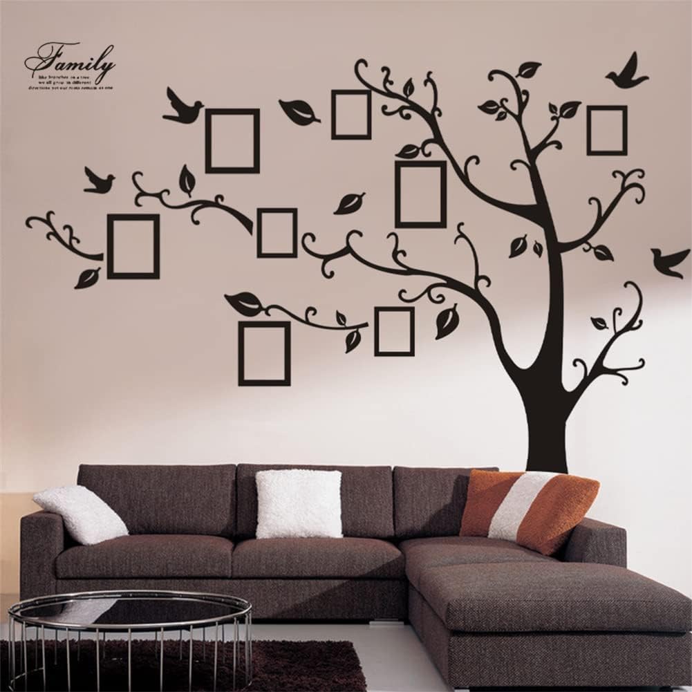 zhiyu&art decor Large Family Tree Wall Decal DIY Black Photo Frame Tree Wall Sticker Mural Decal Art Décor for Living Room Home