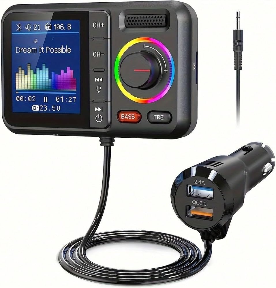 Premium KM28 Smart Car Bluetooth FM Transmitter V50 Adapter Large Color Screen QC30 Fast Charger Bass TRE Enhancer for Men (Grey)