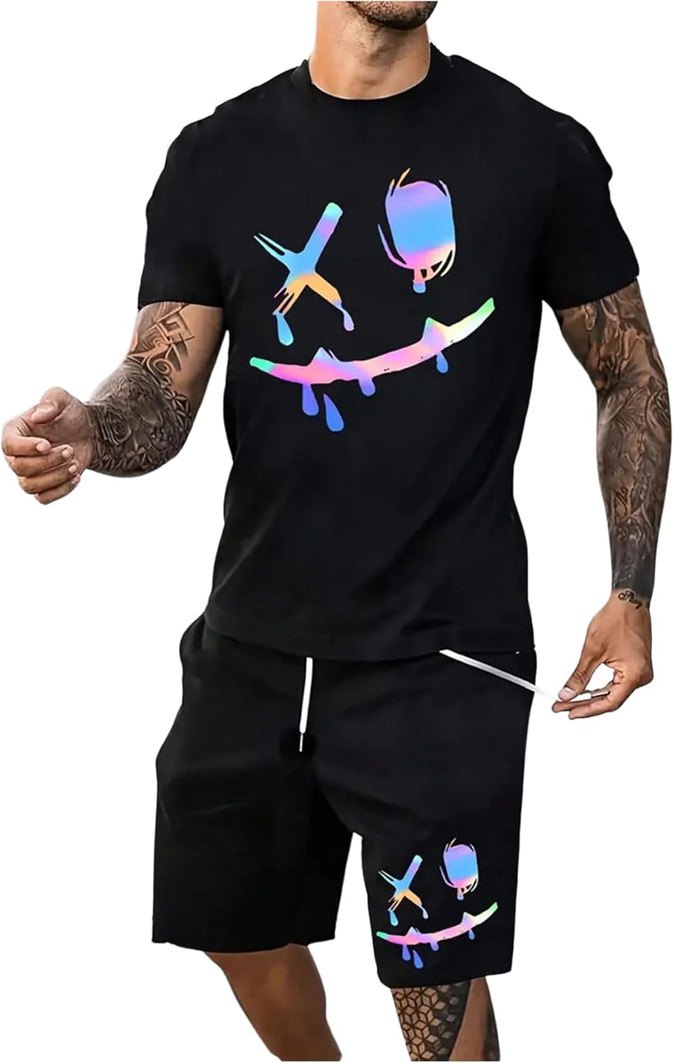 WDIRARA Men’s 2 Piece Short Sets Graphic Print Short Sleeve T Shirts and Drawstring Shorts Clothing Set