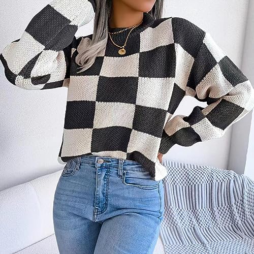 Women's Color Block Checkered Crew Neck Long Sleeve Y2K Plaid Knitted Pullover Sweater Tops Vintage Preppy Style Knitwear2