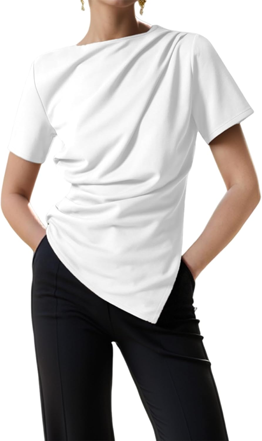 Short Sleeve T Shirts for Women, Y2k Trendy Summer Going Out Tops Asymmetrical Ruched Crewneck Tee Blouse